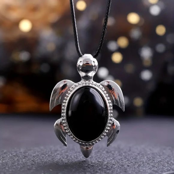 Black Obsidian Natural Gemstone Turtle Pendant Necklace Healing Gemstone Pendant - Picture 2 of 2